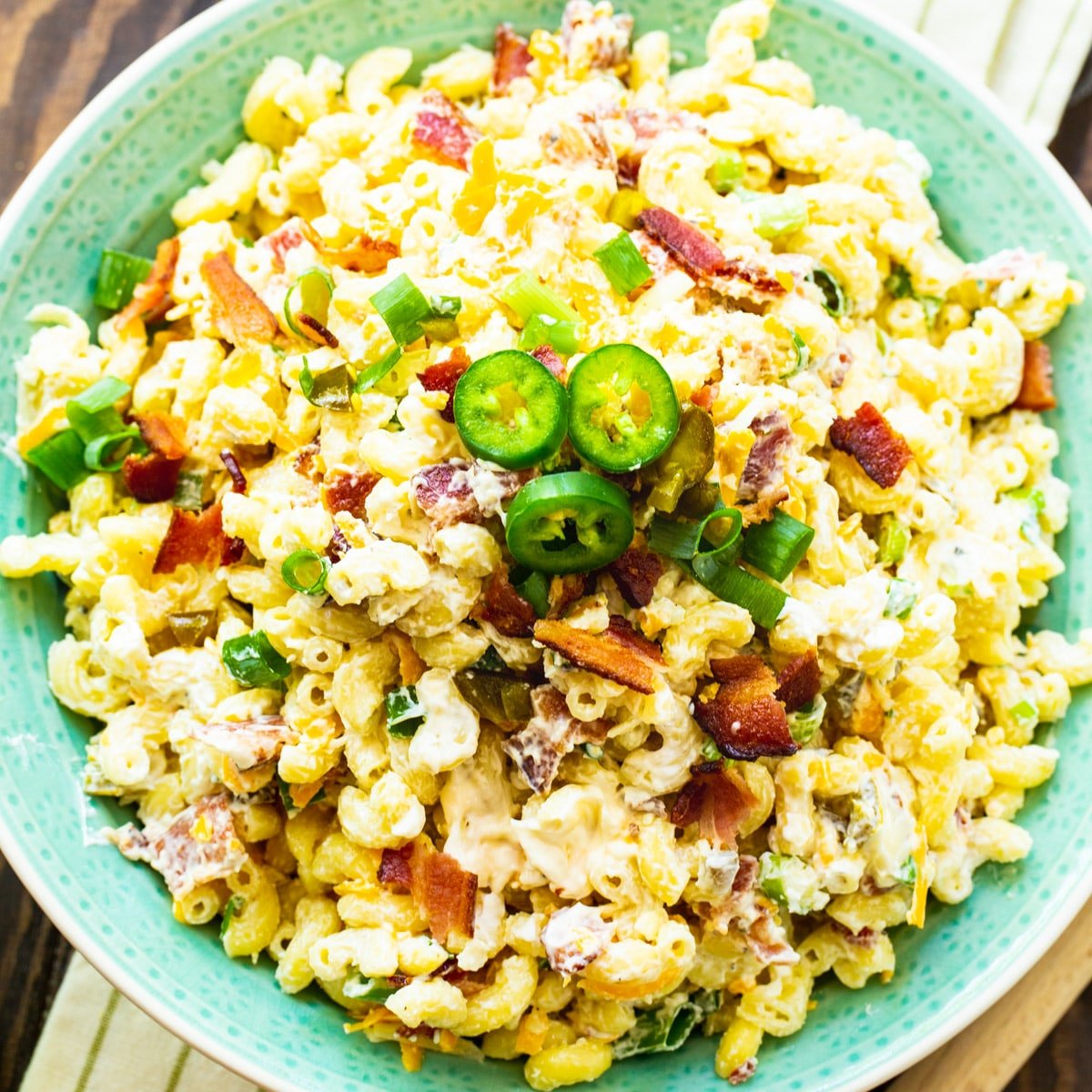 Jalapeno Popper Pasta Salad in green bowl.