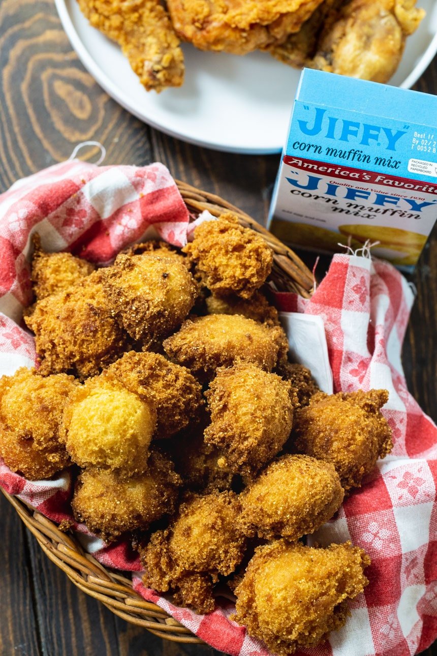 overhead of basket full of Jiffy Hush Puppies