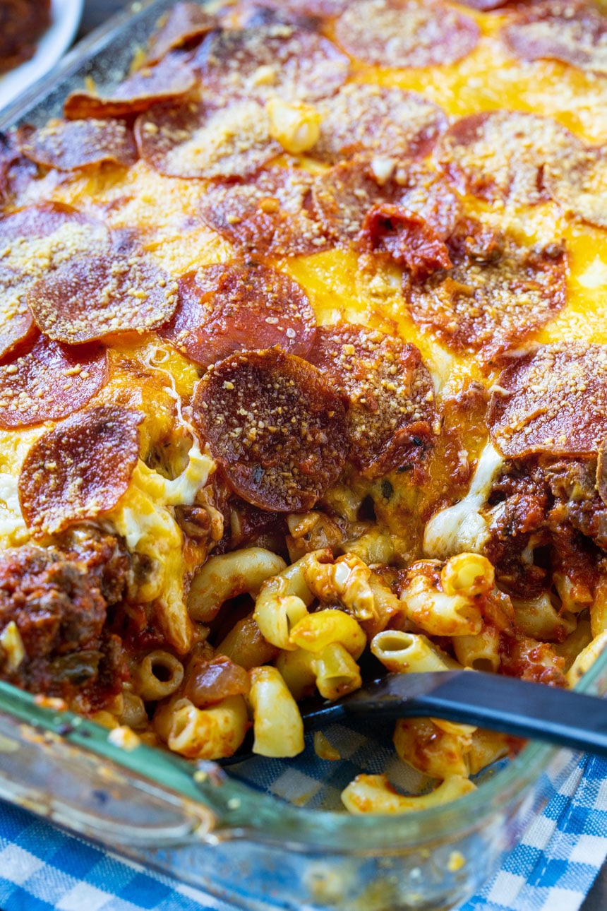 Johnny Marzetti Casserole being scooped up with spoon.