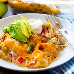 King Ranch Chicken Casserole topped with avocado