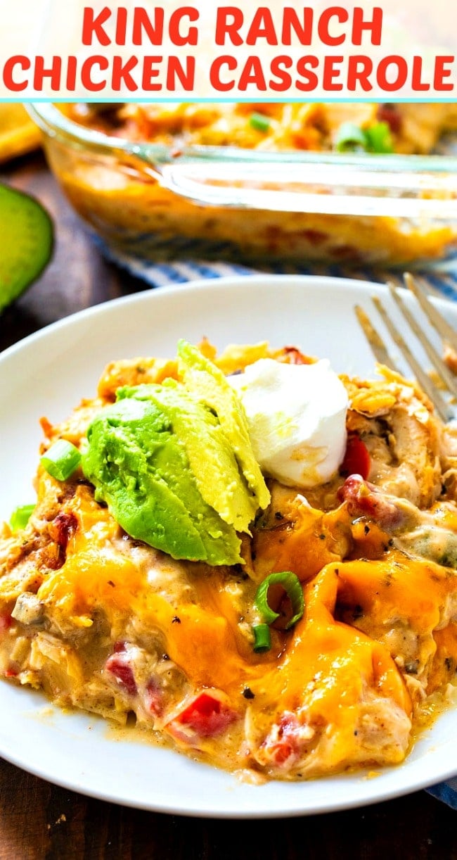 King Ranch Chicken Casserole with avocado and sour cream on top