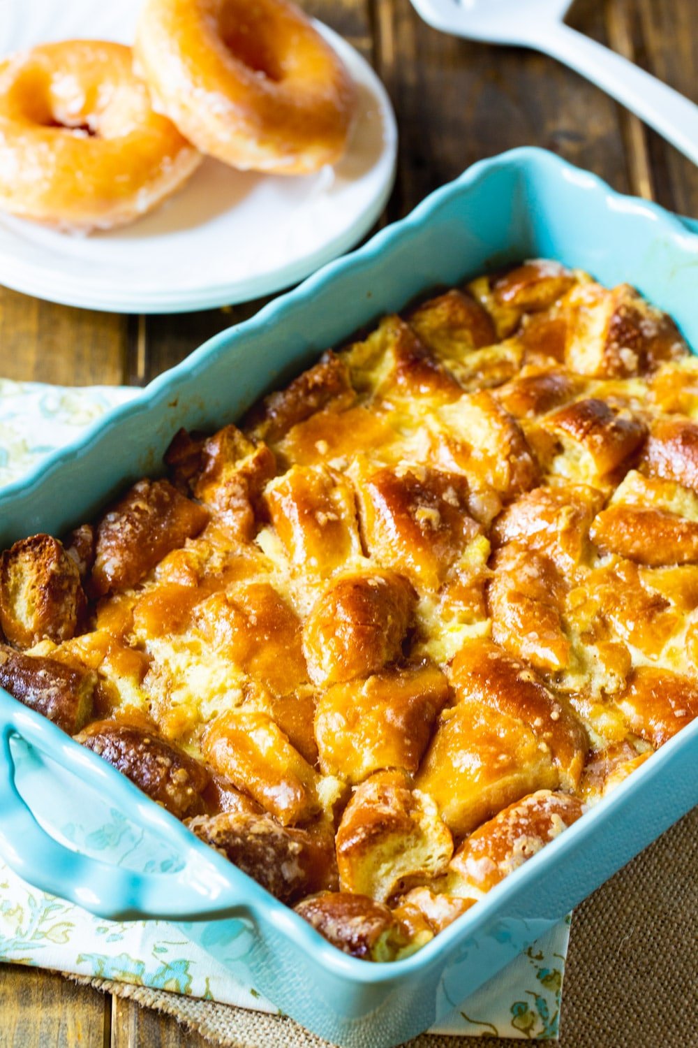 Krispy Kreme Bread Pudding in baking dish.