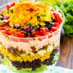 Taco Salad in a trifle bowl.