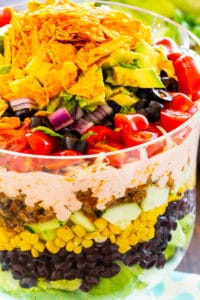 Taco Salad in a trifle bowl.