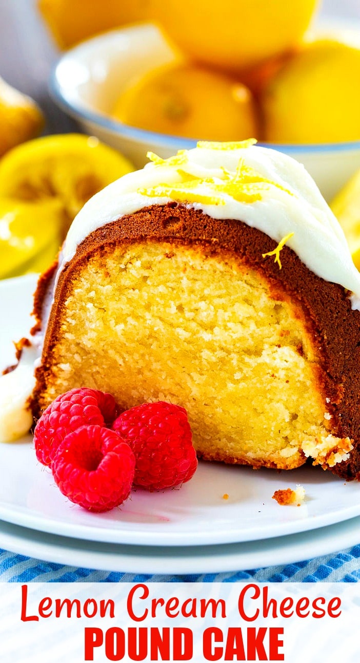 Close-up of slice of pound cake with 3 raspberries on plate.