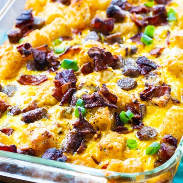 Loaded Tater Tot Breakfast Casserole in a baking dish.