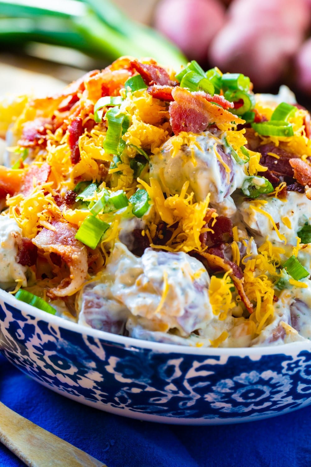 Loaded Ranch Potato Salad in a serving bowl.