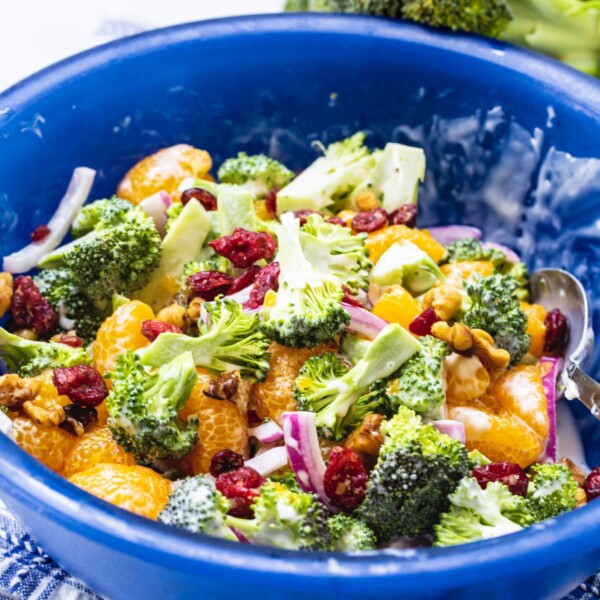 Mandarin Broccoli Salad in a blue bowl.