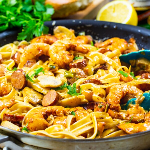 Pasta Mardi Gras in a skillet.