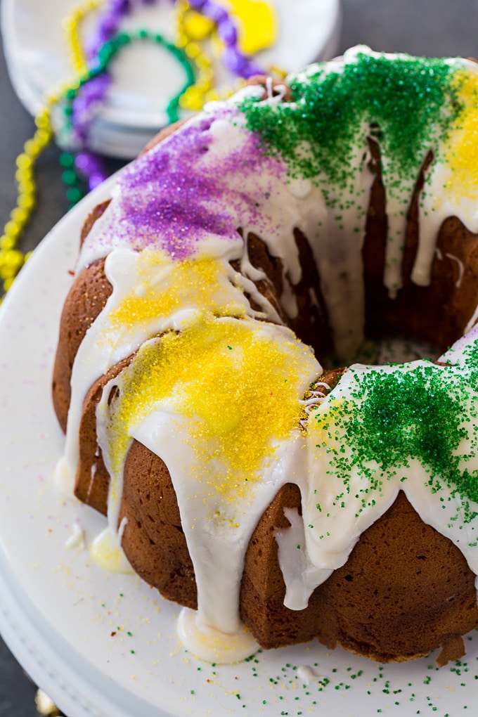 Mardi Gras Pound Cake with cream cheese swirl