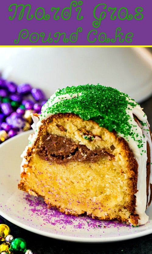 Mardi Gras Pound Cake with cream cheese filling