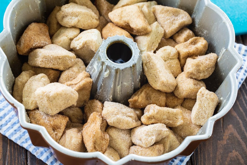 Monkey Bread in bundt pan before being baked.