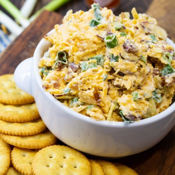 Neiman Marcus Dip in a bowl surrounded by crackers.