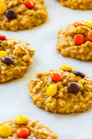 No-Bake Peanut Butter Oatmeal Cookies on parchment paper.