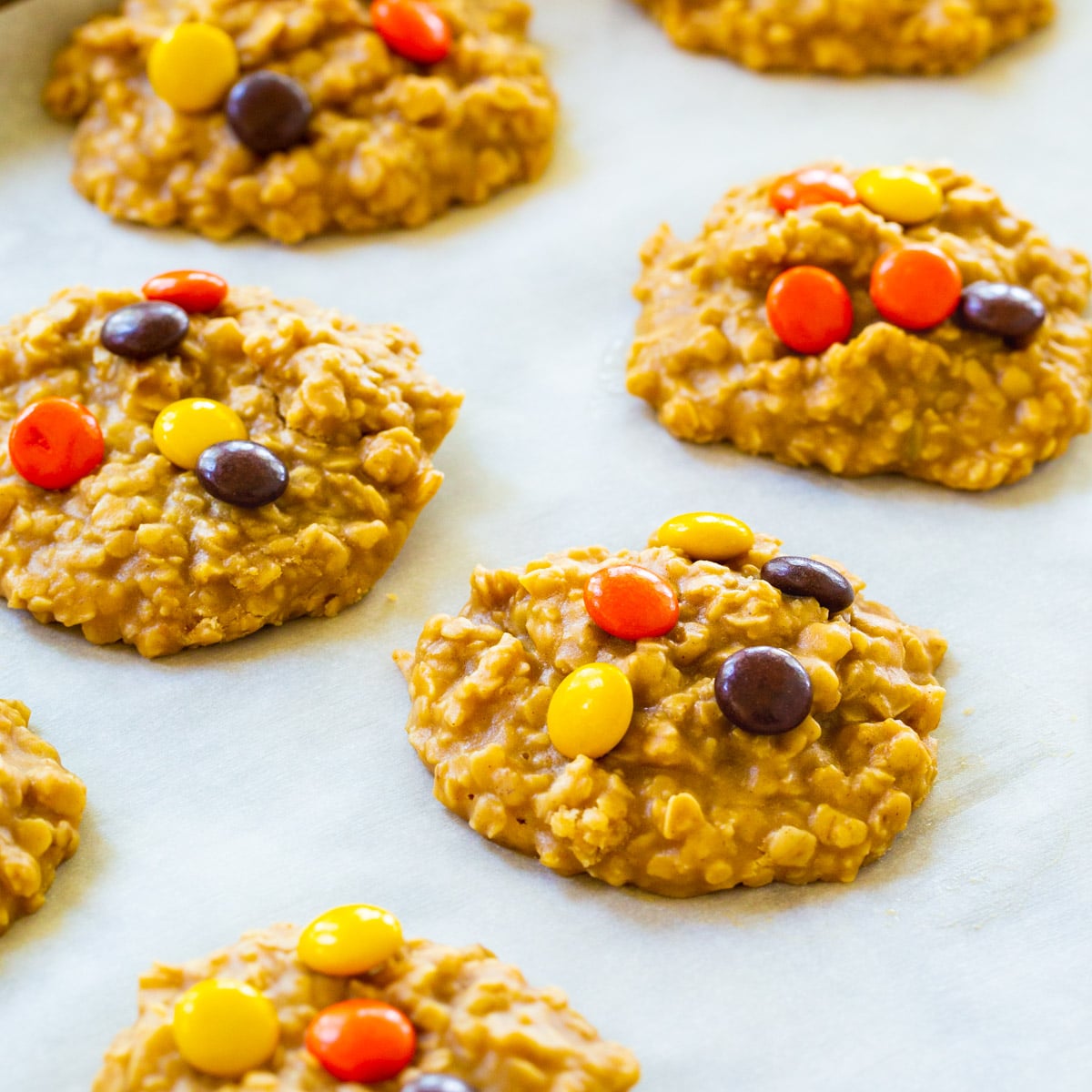 No-Bake Peanut Butter Oatmeal Cookies on parchment paper.