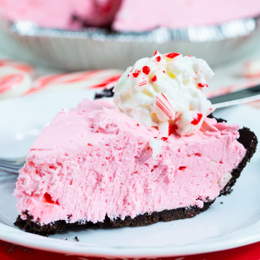 Slice of Peppermint Pie on a white plate.