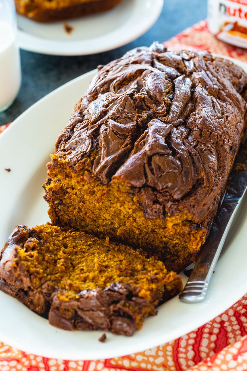 Pumpkin Bread with Nutella with a slice cut.