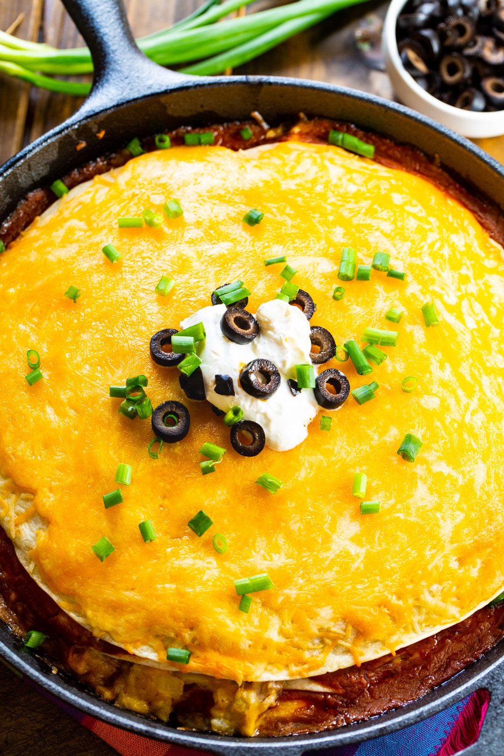 Chicken Tortilla Pie in a cast iron pan.