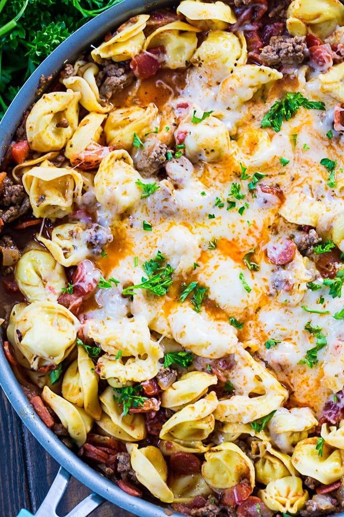 One Pot Meaty Tortellini with ground beef and pepperoni