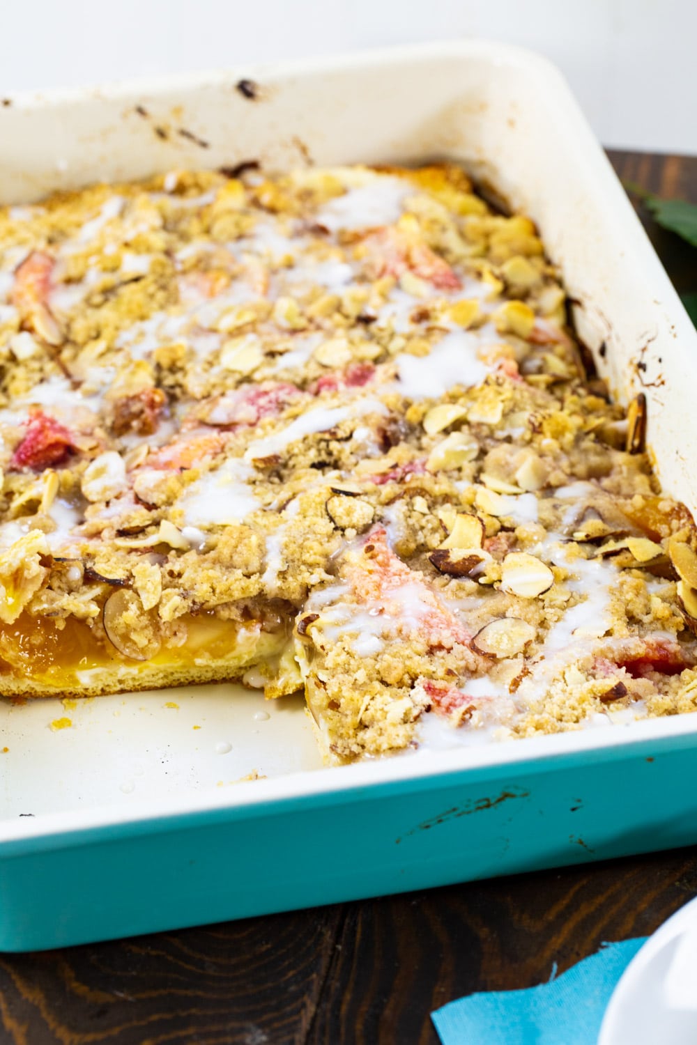 Peaches and Cream Crescent Bars in 9x13-inch baking dish.