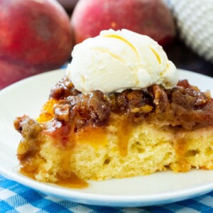 Peach Praline Upside-Down Cake with vanilla ice cream
