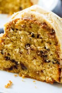 Slice of Peanut Butter Bundt Cake on a plate.