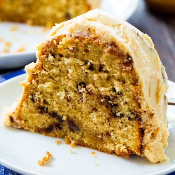 Slice of Peanut Butter Bundt Cake on a plate.