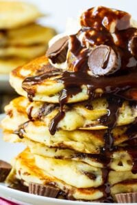 Stack of Peanut Butter Cup Pancakes on a plate.