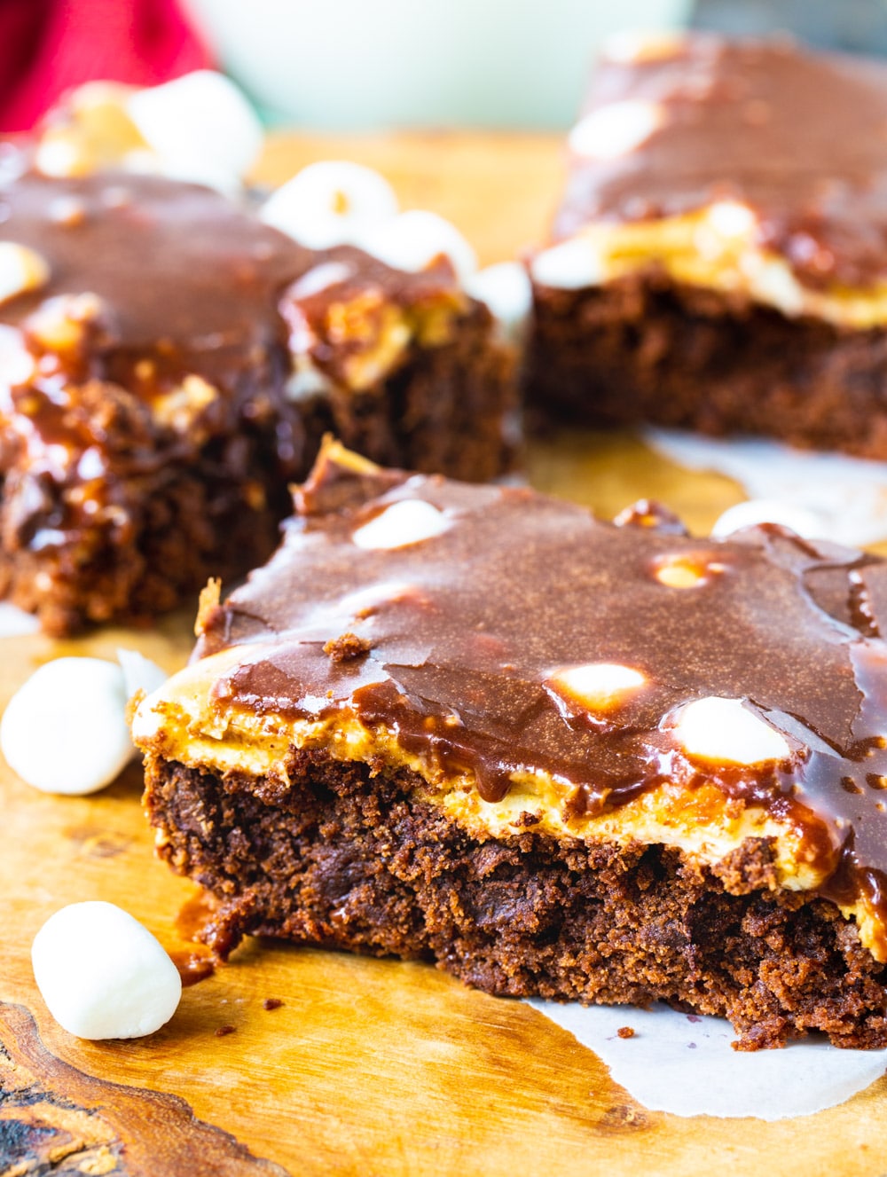 Peanut Butter Mississippi Mud Brownies on a cutting board.