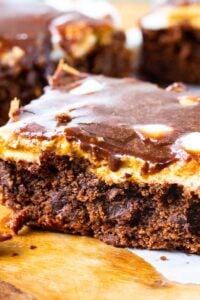 Peanut Butter Mississippi Mud Brownies on a cutting board.