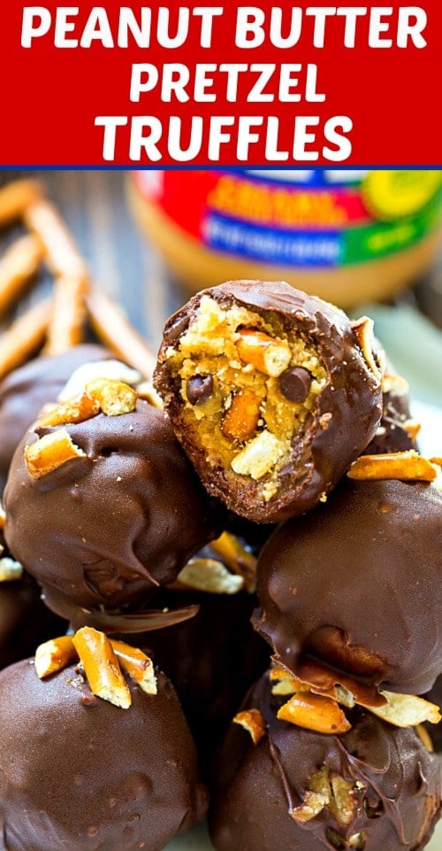 Peanut Butter Pretzel Truffles dipped in chocolate make a great salty/sweet candy #peanutbutter #truffles