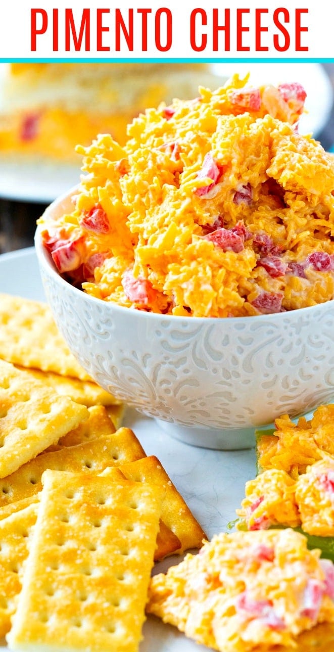 Close-up of pimento cheese with crackers