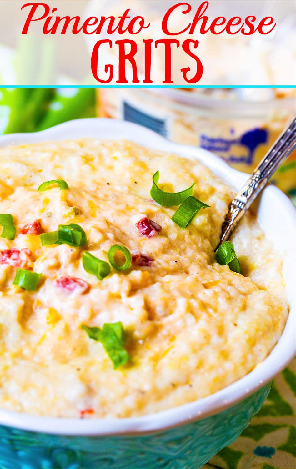 Pimento Cheese Grits in a blue bowl.