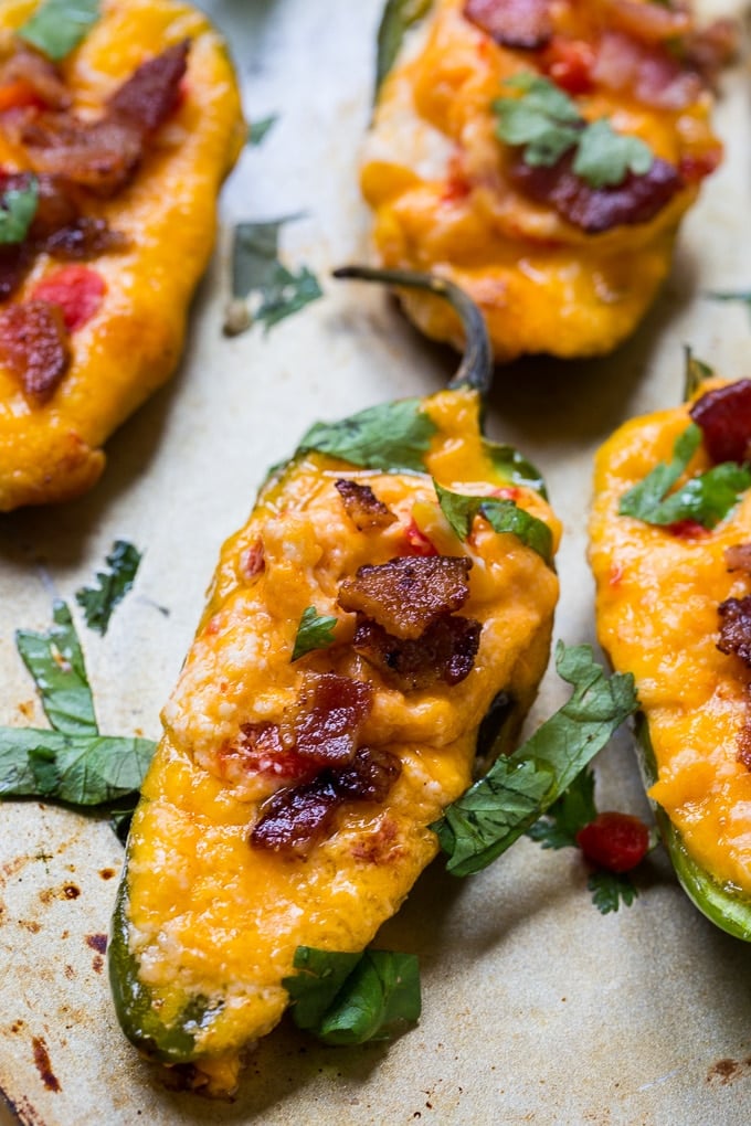Pimento Cheese Stuffed Jalapenos make a spicy, cheesy appetizer.