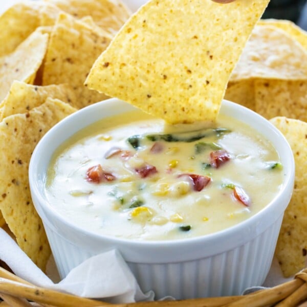 Poblano and Corn Queso with tortilla chips.