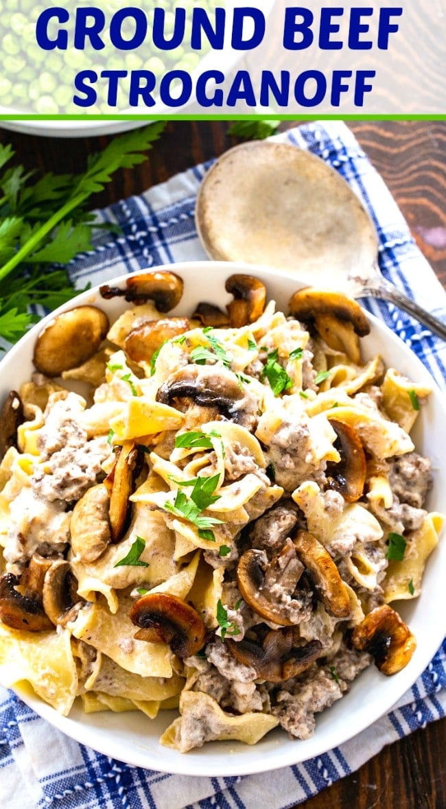 Ground Beef Stroganoff with egg noodles in a white bowl