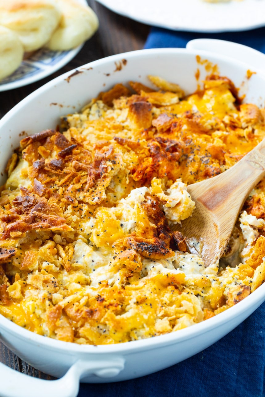 Poppy Seed Chicken Casserole in an oval casserole dish.