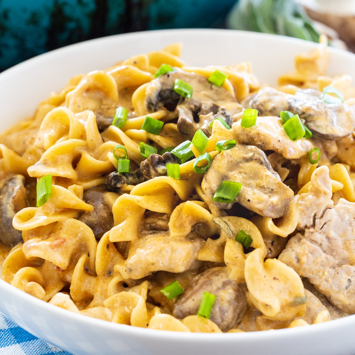 Pork Stroganoff in a white bowl.