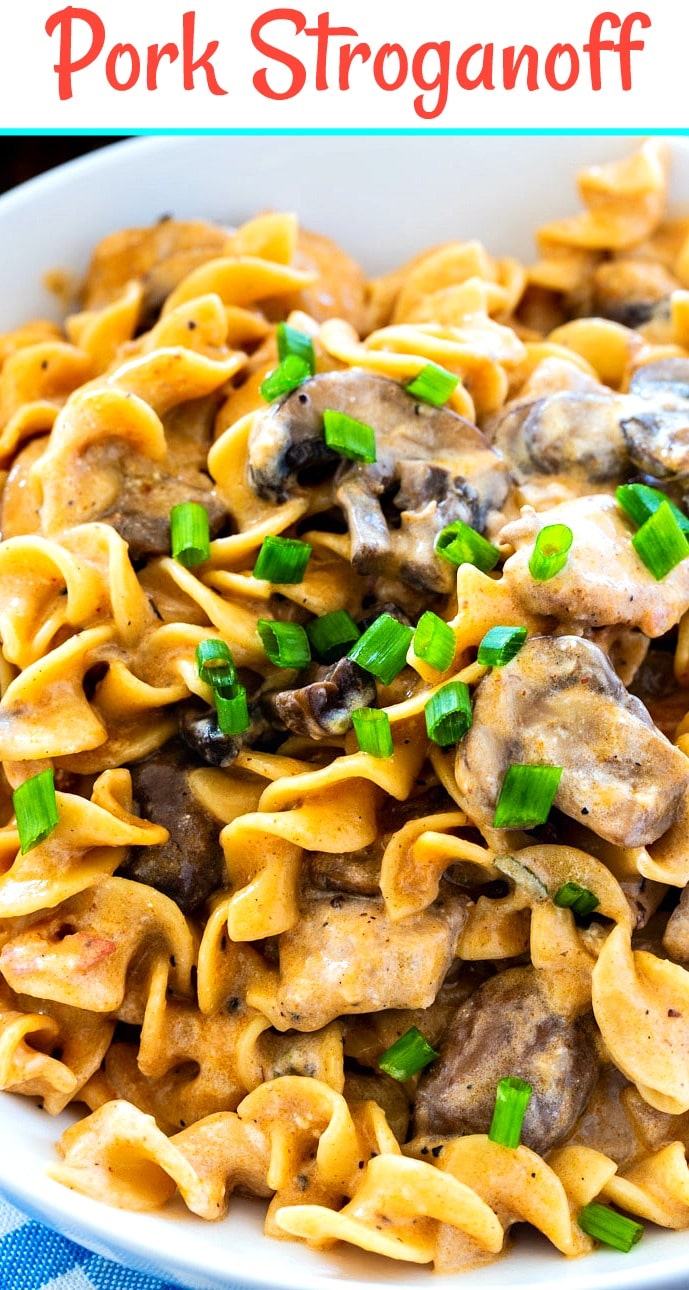 Close-up of Pork Stroganoff in a bowl.