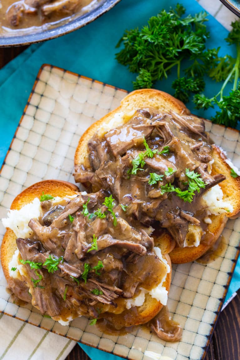 Hot Beef Sandwiches with Mashed Potatoes and Gravy - Spicy Southern Kitchen