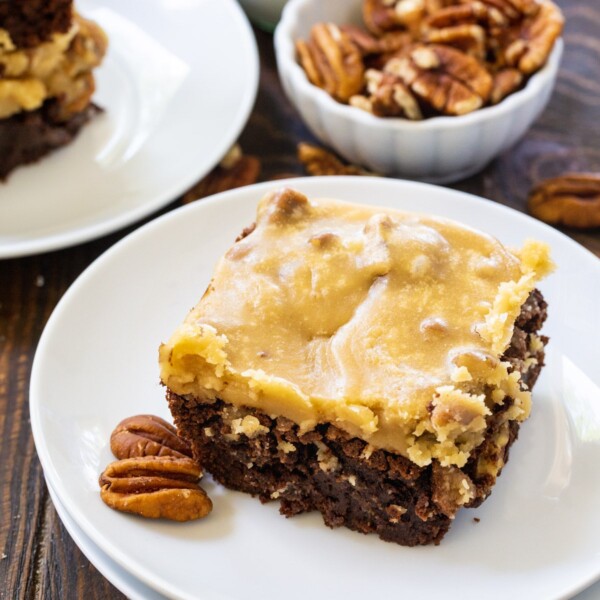 Praline Brownie on a plate.