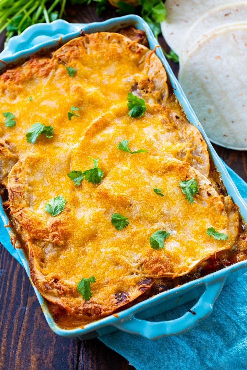 Cooked Casserole in a blue casserole dish.