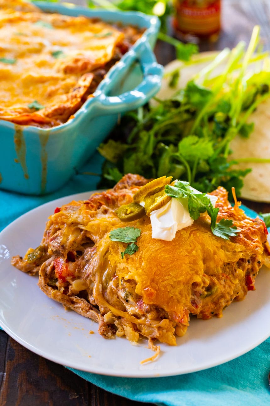 Slice of King Ranch Casserole on a plate.