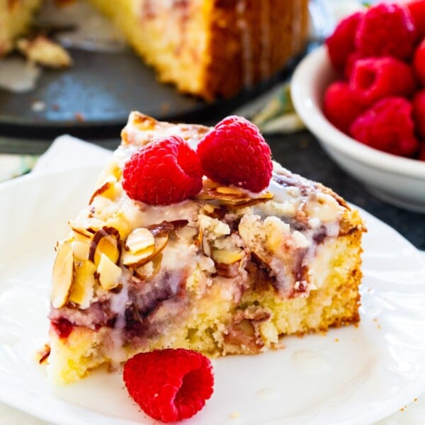 Slice of Raspberry Cream Cheese Coffeee Cake on a plate.