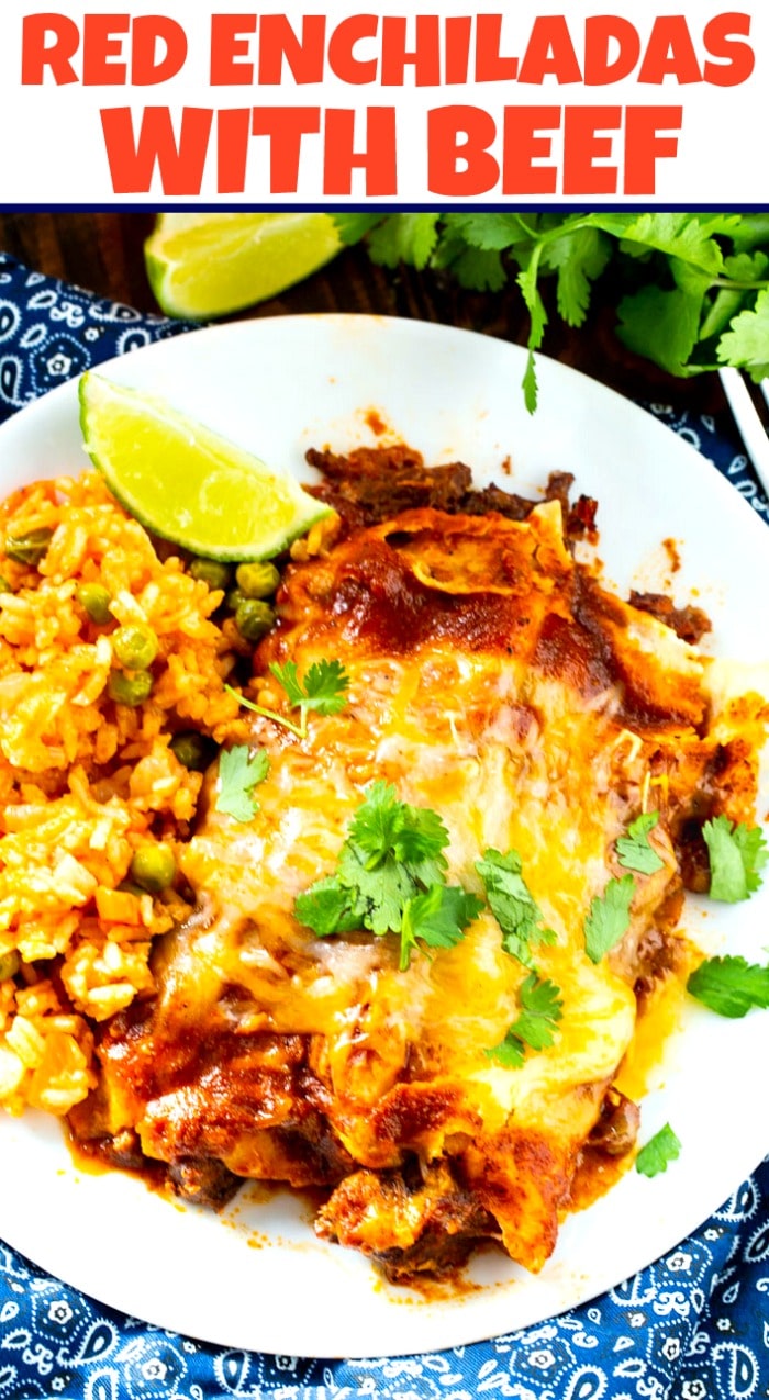 Beef Enchiladas on a plate with rice.