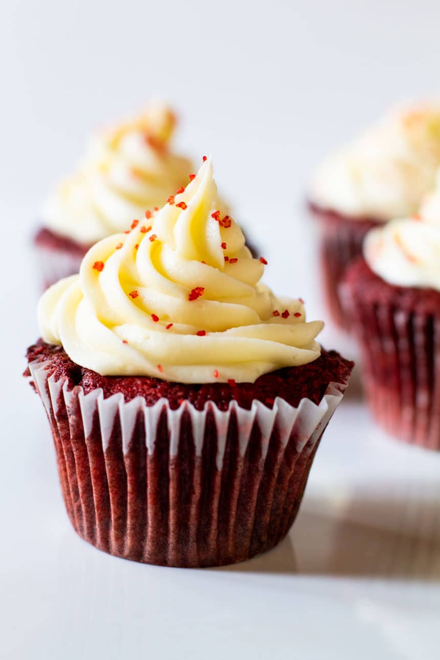 Red Velvet Cupcake on a white surface.