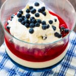 Red, White & Blue Jello Salad in a trifle bowl.