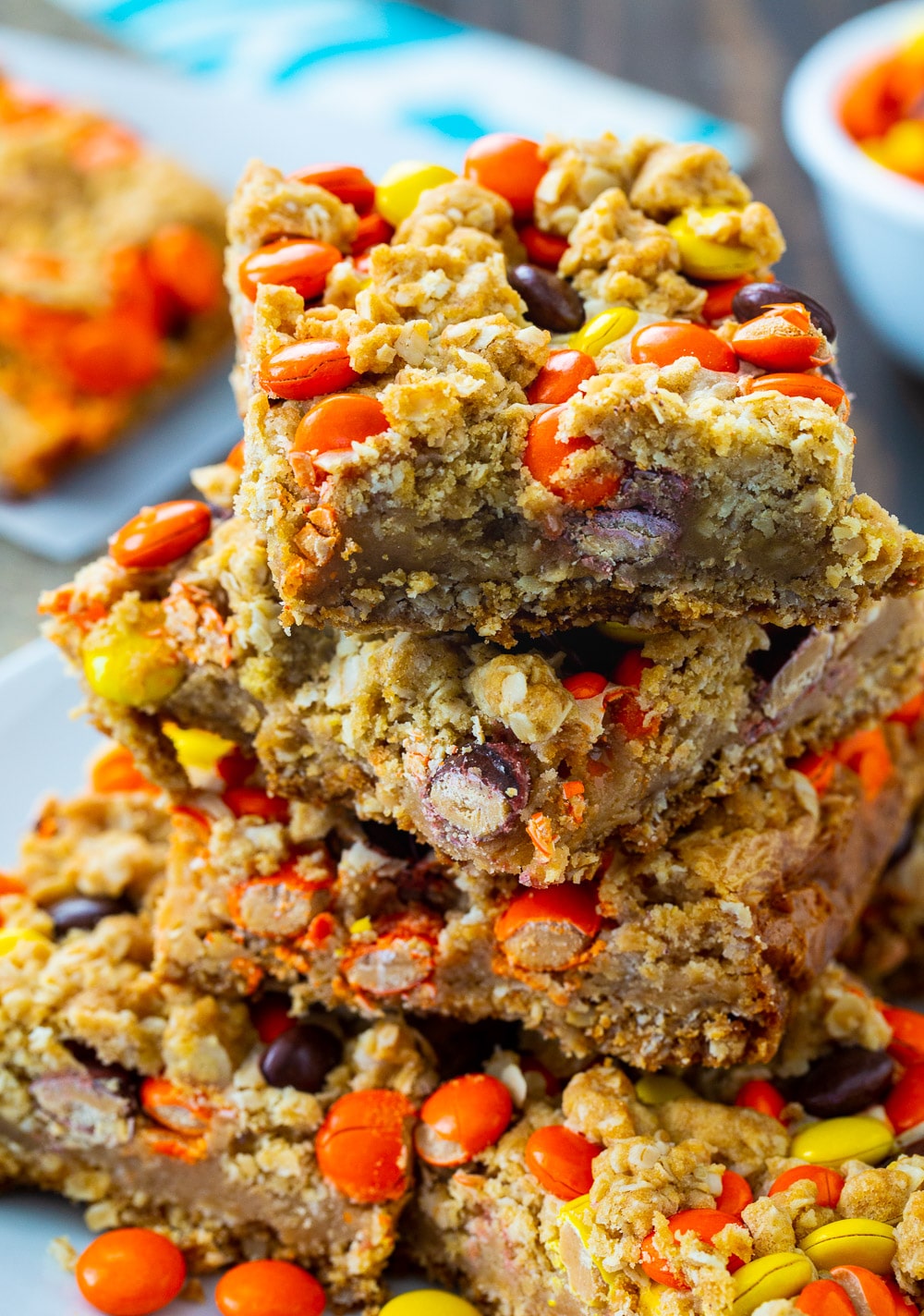 Stack of Reese's Pieces Peanut Butter Oatmeal Bars.