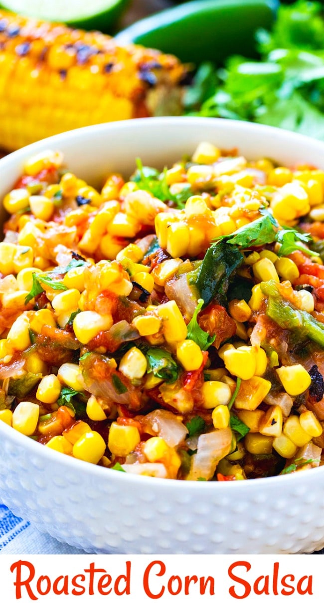 Close-up of Roasted Corn Salsa in a white bowl.