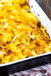 Scalloped potatoes with ham in a baking tray